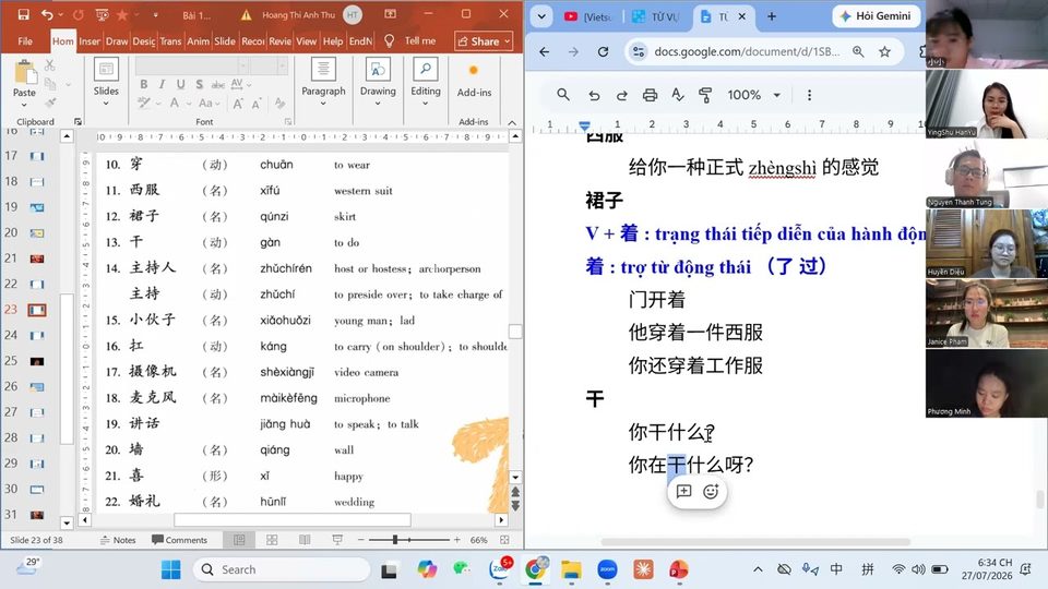 Khung hình buổi học thật qua Zoom lớp Trung cấp Y30 Bài 10: cô Anh Thư gõ bài giảng chữ Hán và ngữ pháp trực tiếp trên màn hình